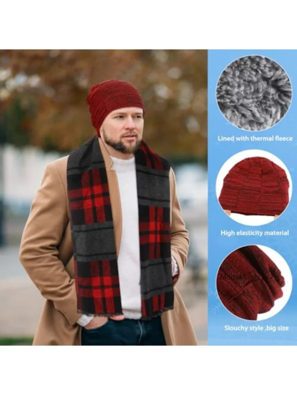 Men's Winter Hat Scarf Gloves Earmuff Set - Warm Knitted 4 Piece Set with Touch